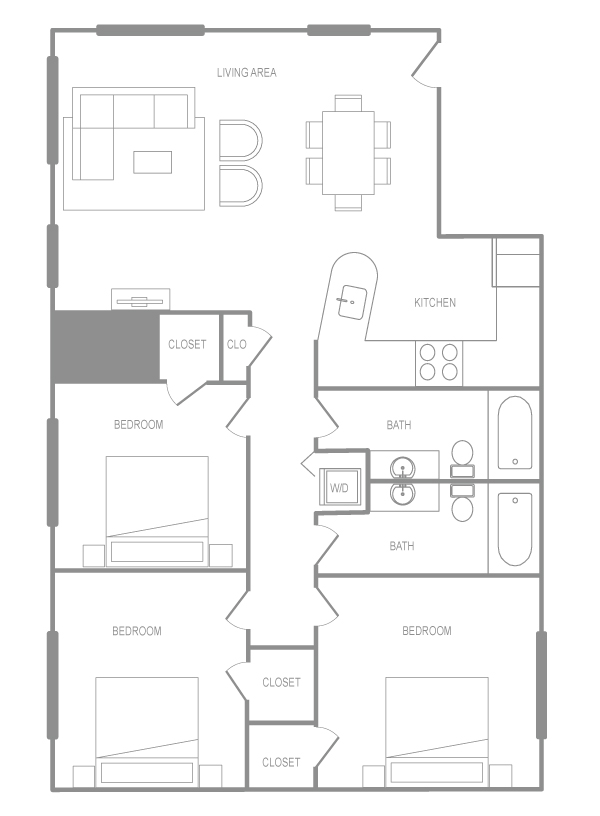 Floor plan for 3 beds, 2 baths, 1250 sqft