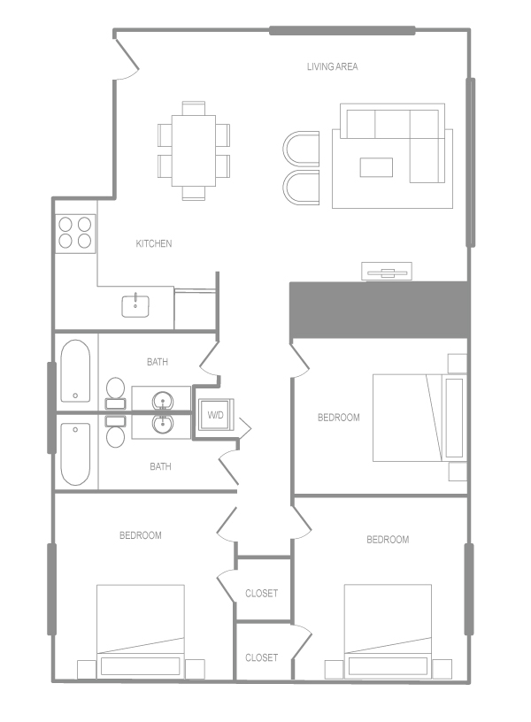 Floor plan for 3 beds, 2 baths, 1500 sqft