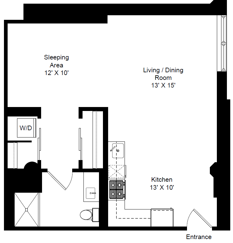 Floor plan for studio, 1 bath, 678 sqft