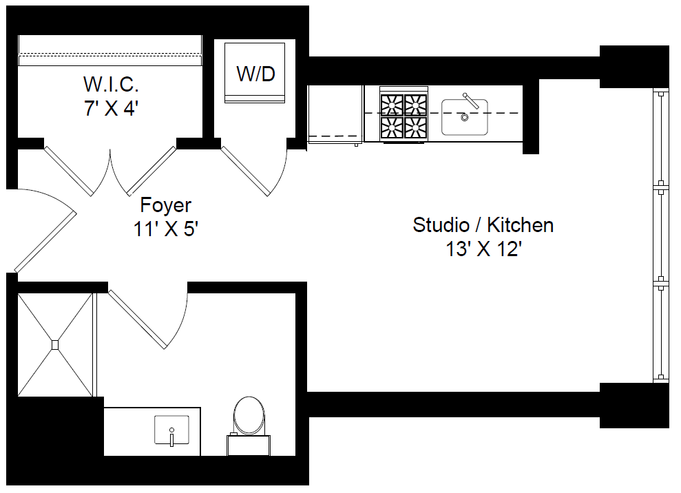 Floor plan for studio, 1 bath, 363 sqft