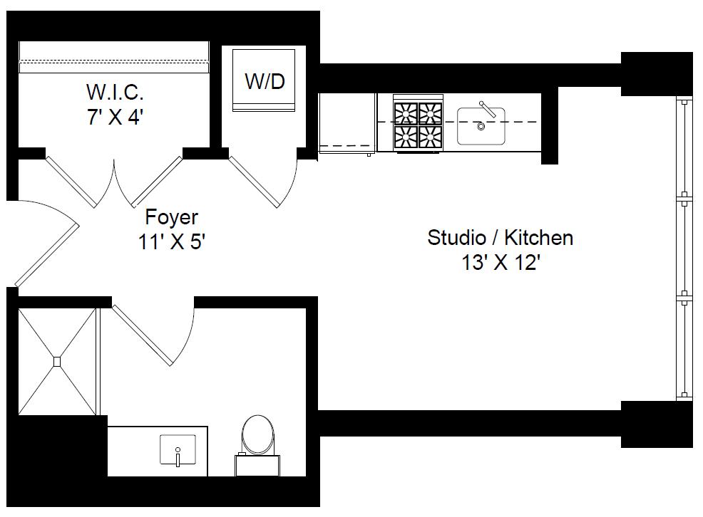 Floor plan for studio, 1 bath, 506 sqft