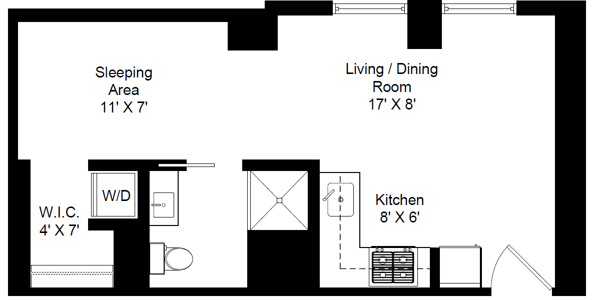 Floor plan for studio, 1 bath, 427 sqft