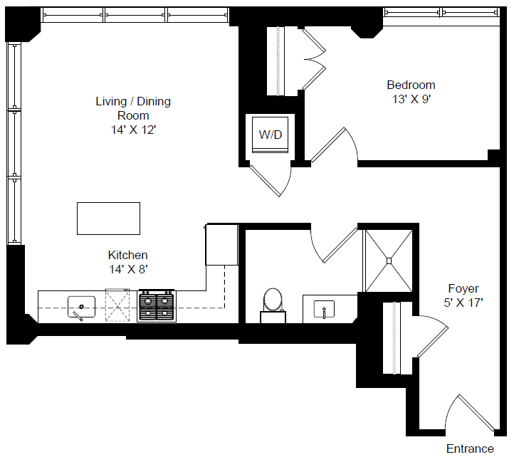 Floor plan for 1 bed, 1 bath, 655 sqft