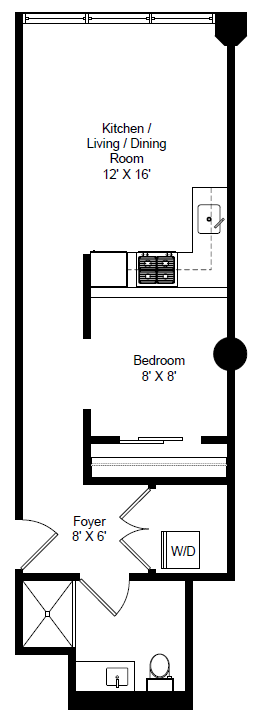 Floor plan for 1 bed, 1 bath, 499 sqft