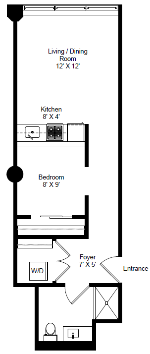 Floor plan for 1 bed, 1 bath, 500 sqft