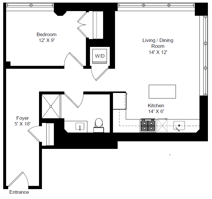 Floor plan for 1 bed, 1 bath, 673 sqft