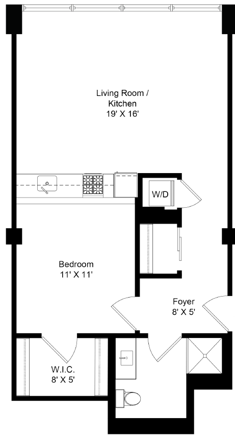 Floor plan for 1 bed, 1 bath, 686 sqft
