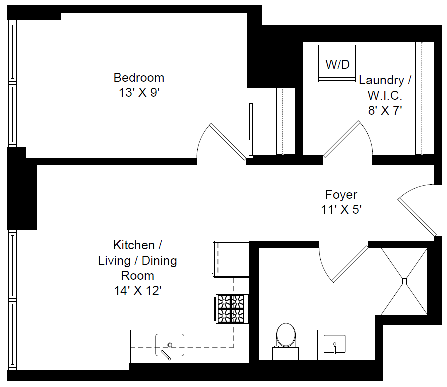 Floor plan for 1 bed, 1 bath, 547 sqft
