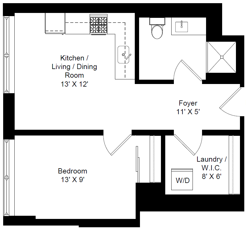 Floor plan for 1 bed, 1 bath, 535 sqft