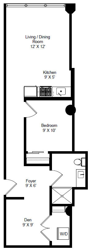 Floor plan for 1 bed, 1 bath, 632 sqft