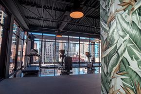 Chicago apartment for rent - a gym with a view of the city and a large wall of windows