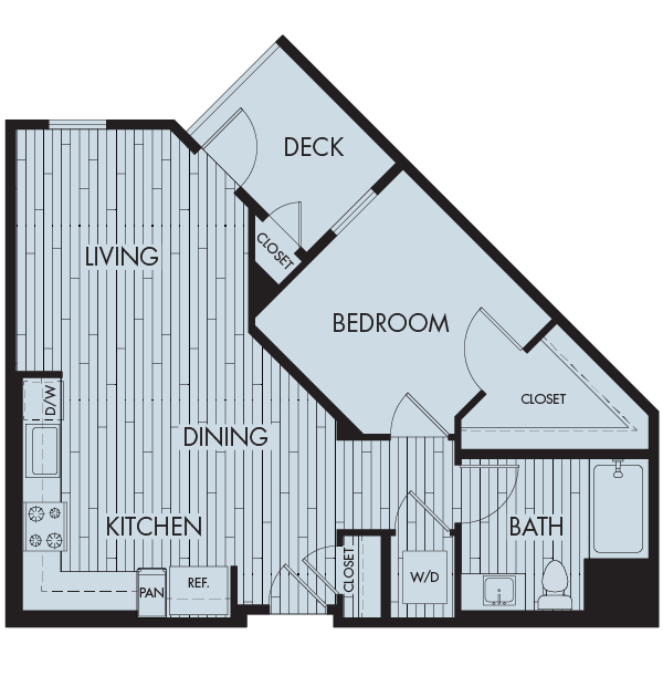 Floor plan for 1 bed, 1 bath, 729 sqft