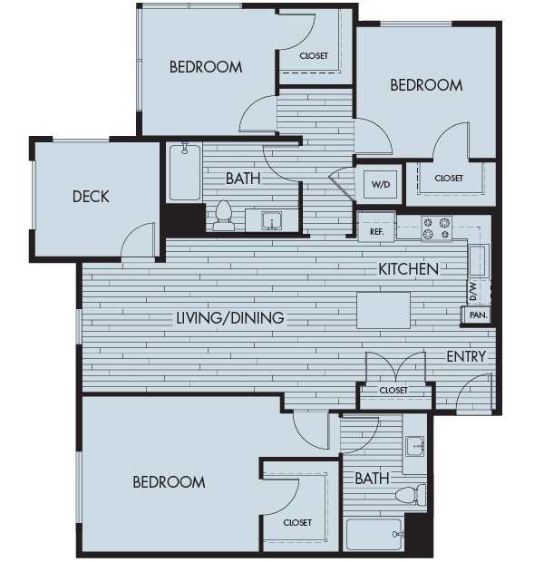 Floor plan for 3 beds, 2 baths, 1389 sqft