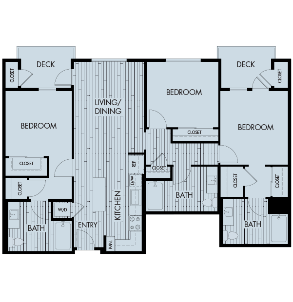 Floor plan for 3 beds, 3 baths, 1374 sqft