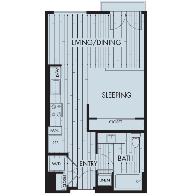 Floor plan for studio, 1 bath, 596 sqft