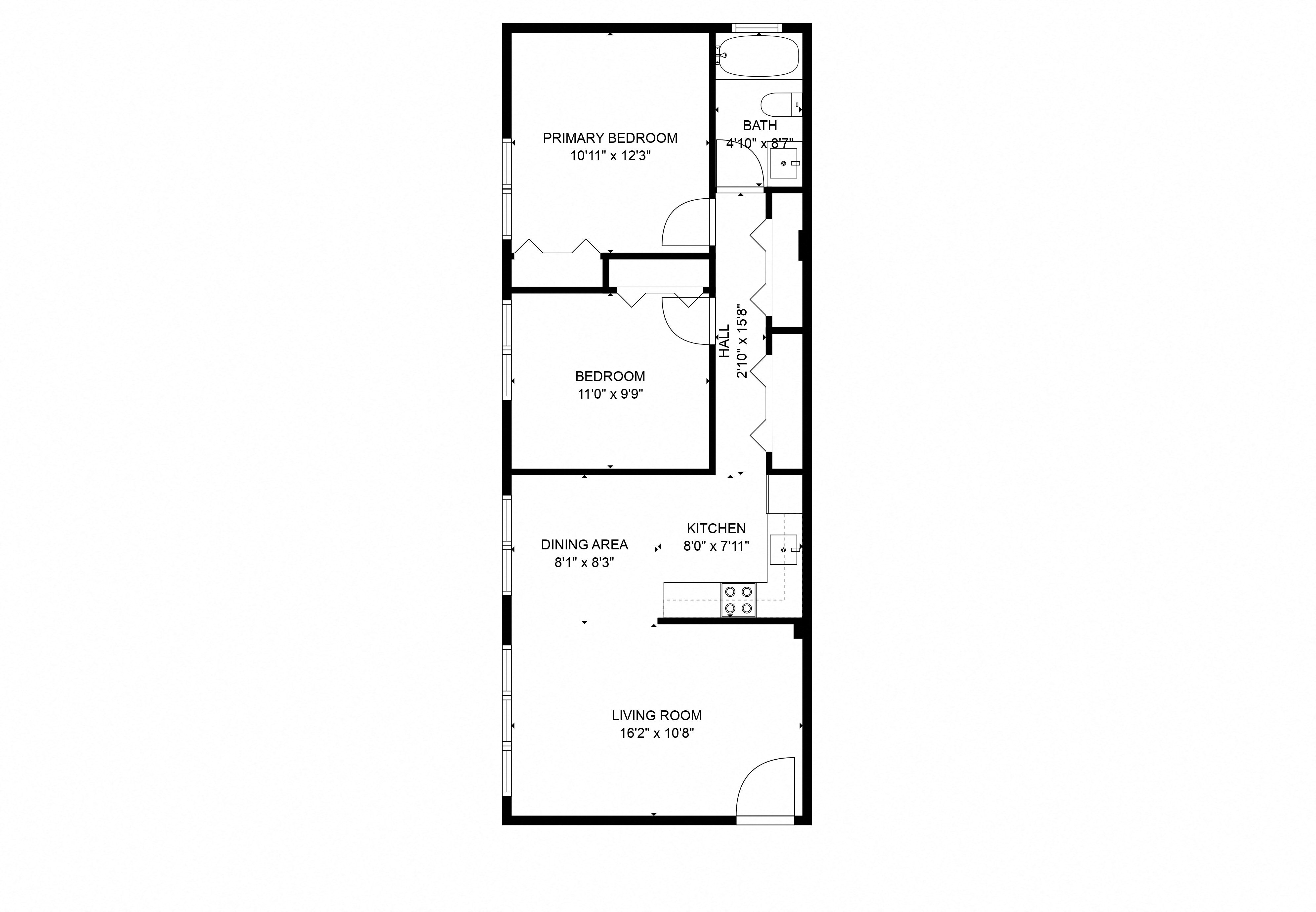 Floor plan for 2 beds, 1 bath, 850 sqft