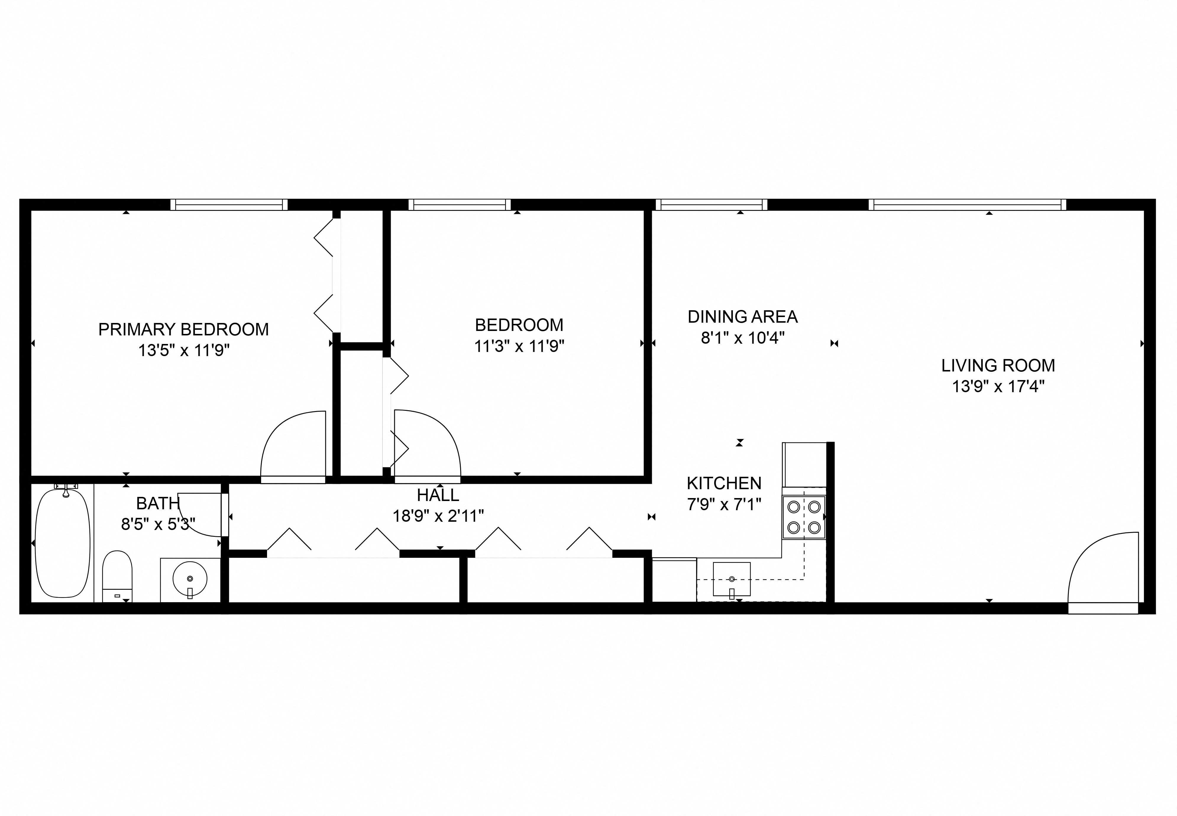 Floor plan for 2 beds, 1 bath, 920 sqft