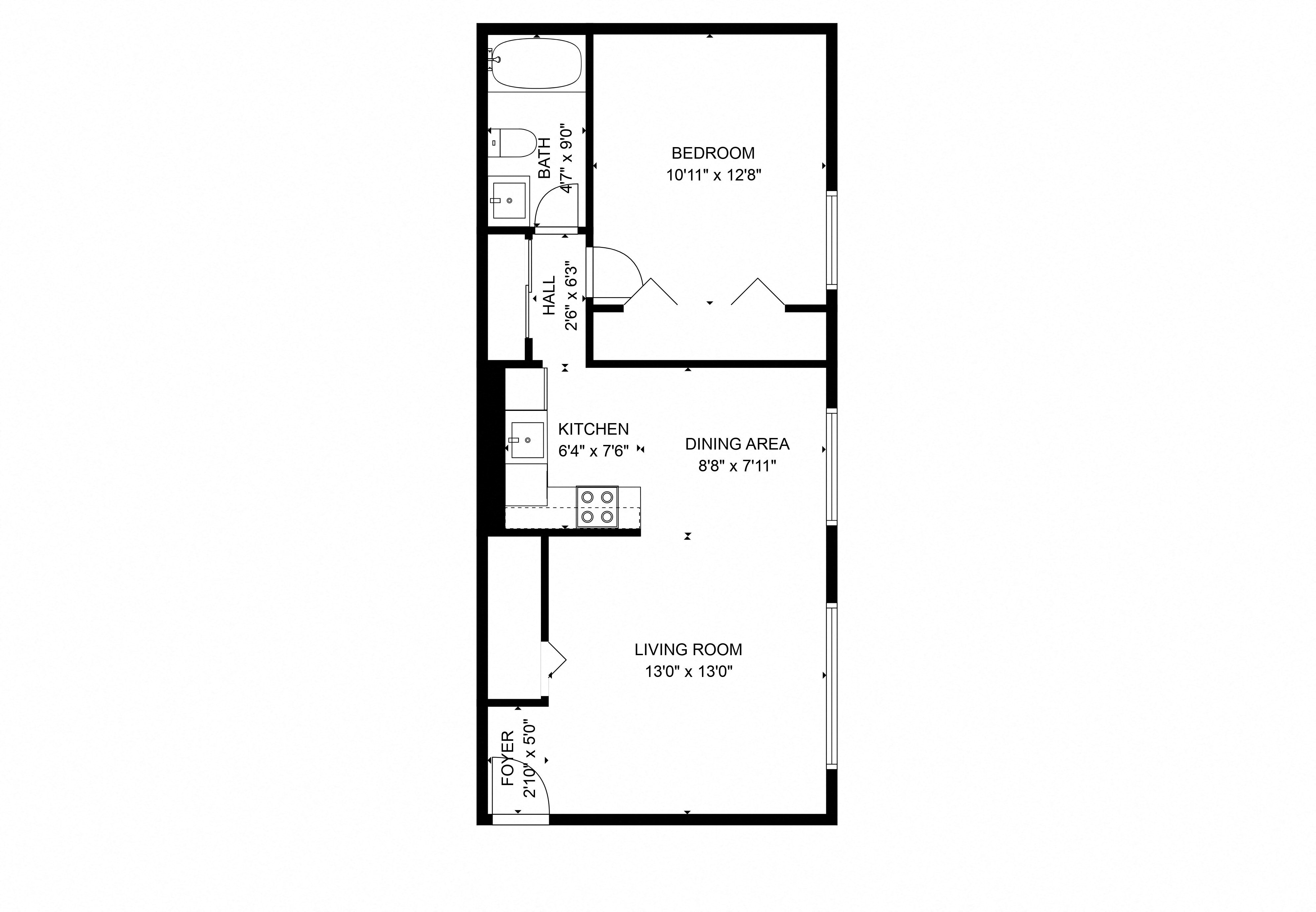 Floor plan for 1 bed, 1 bath, 665 sqft