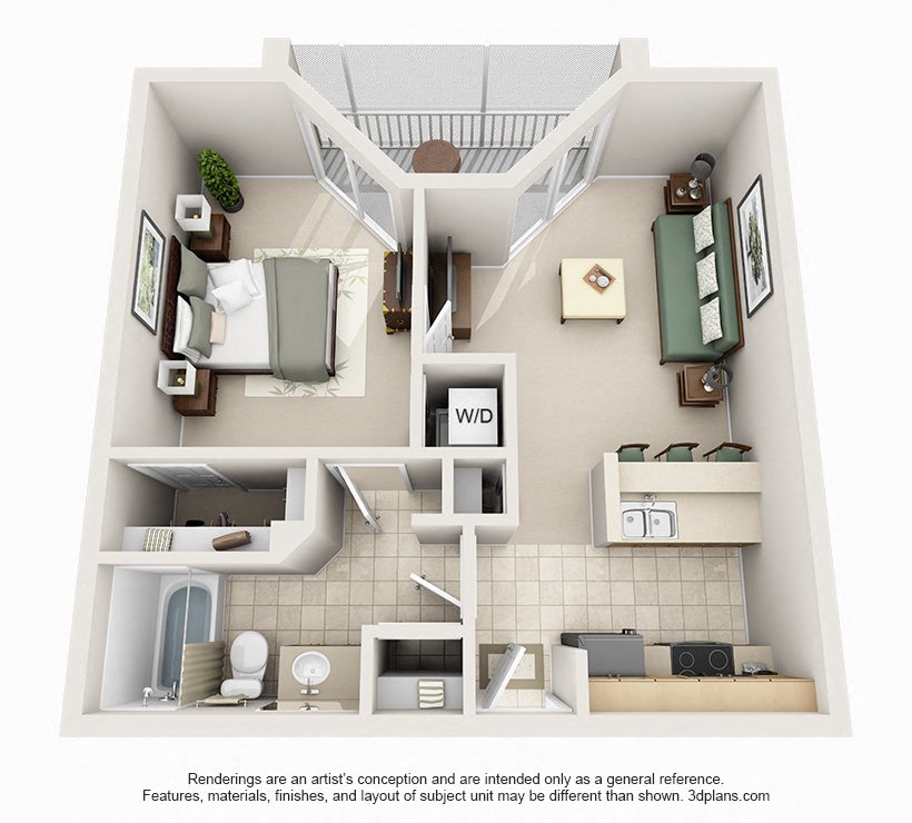Floor plan for 1 bed, 1 bath, 564 sqft