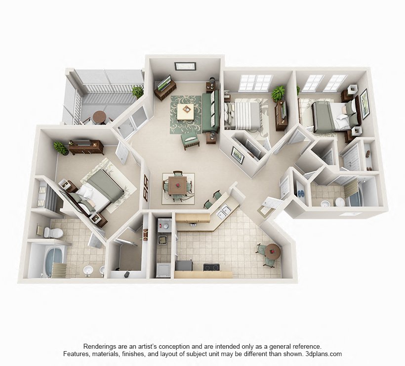 Floor plan for 3 beds, 2 baths, 1369 sqft