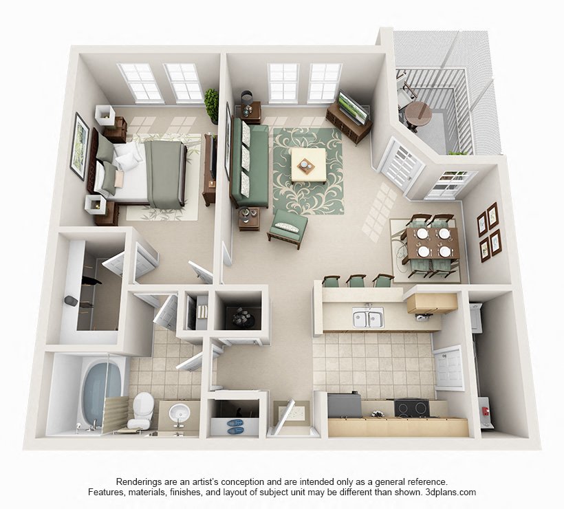 Floor plan for 1 bed, 1 bath, 741 sqft
