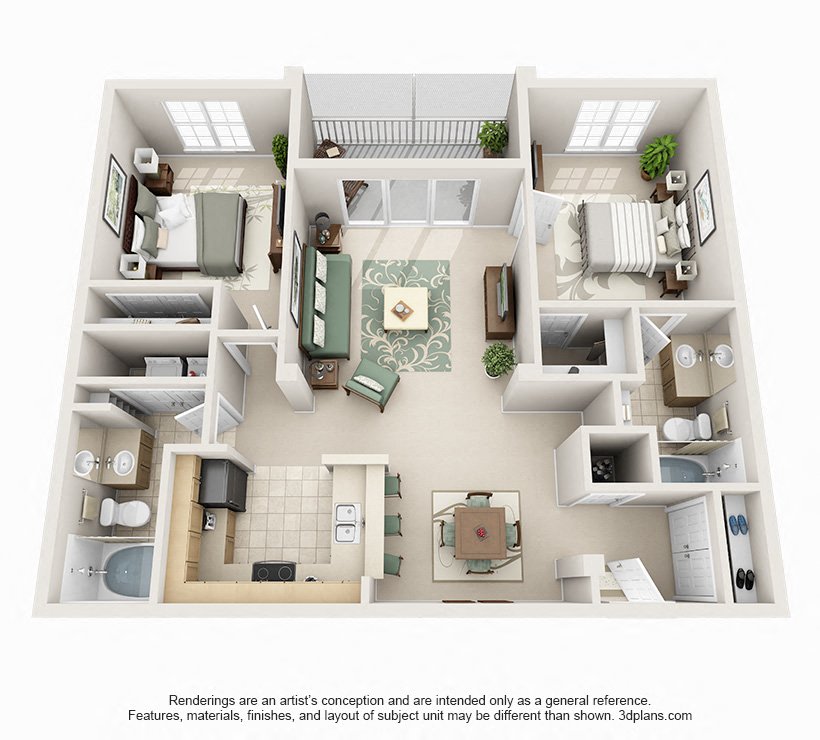 Floor plan for 2 beds, 2 baths, 1006 sqft