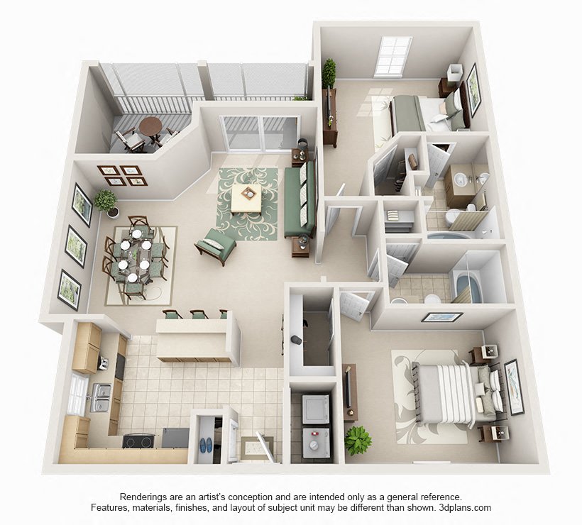 Floor plan for 2 beds, 2 baths, 1129 sqft