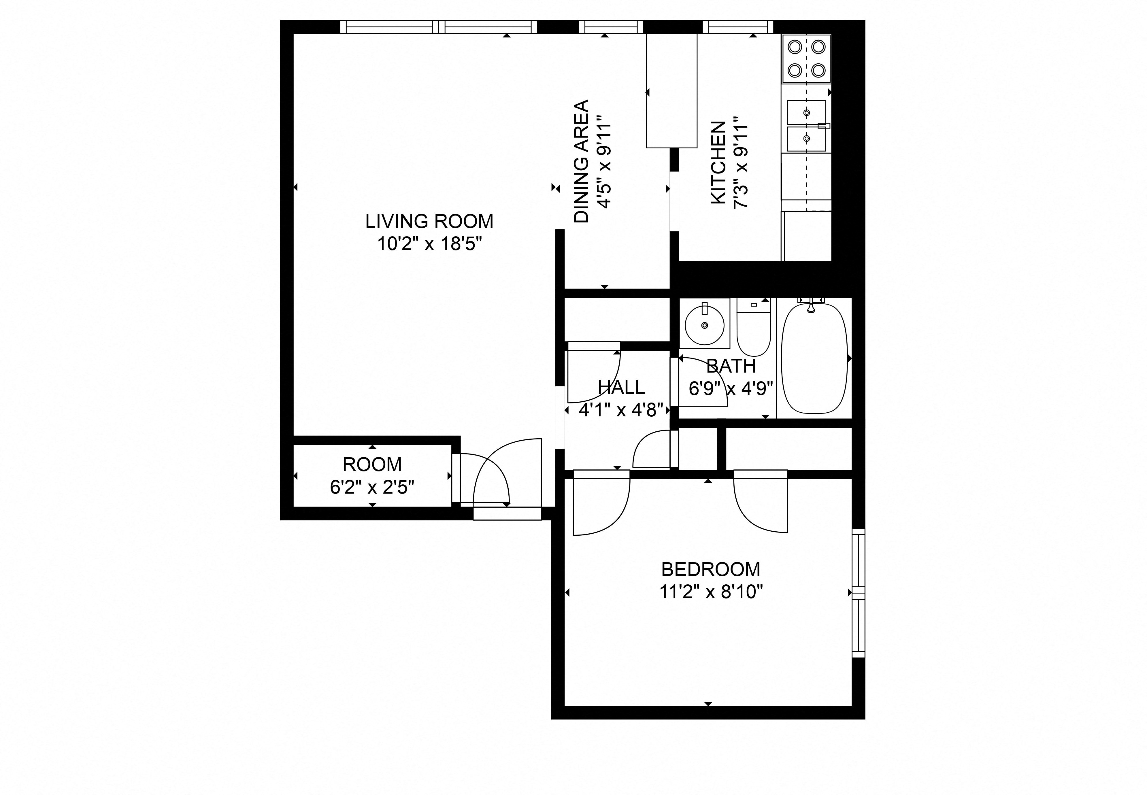 Floor plan for 1 bed, 1 bath, 600 sqft