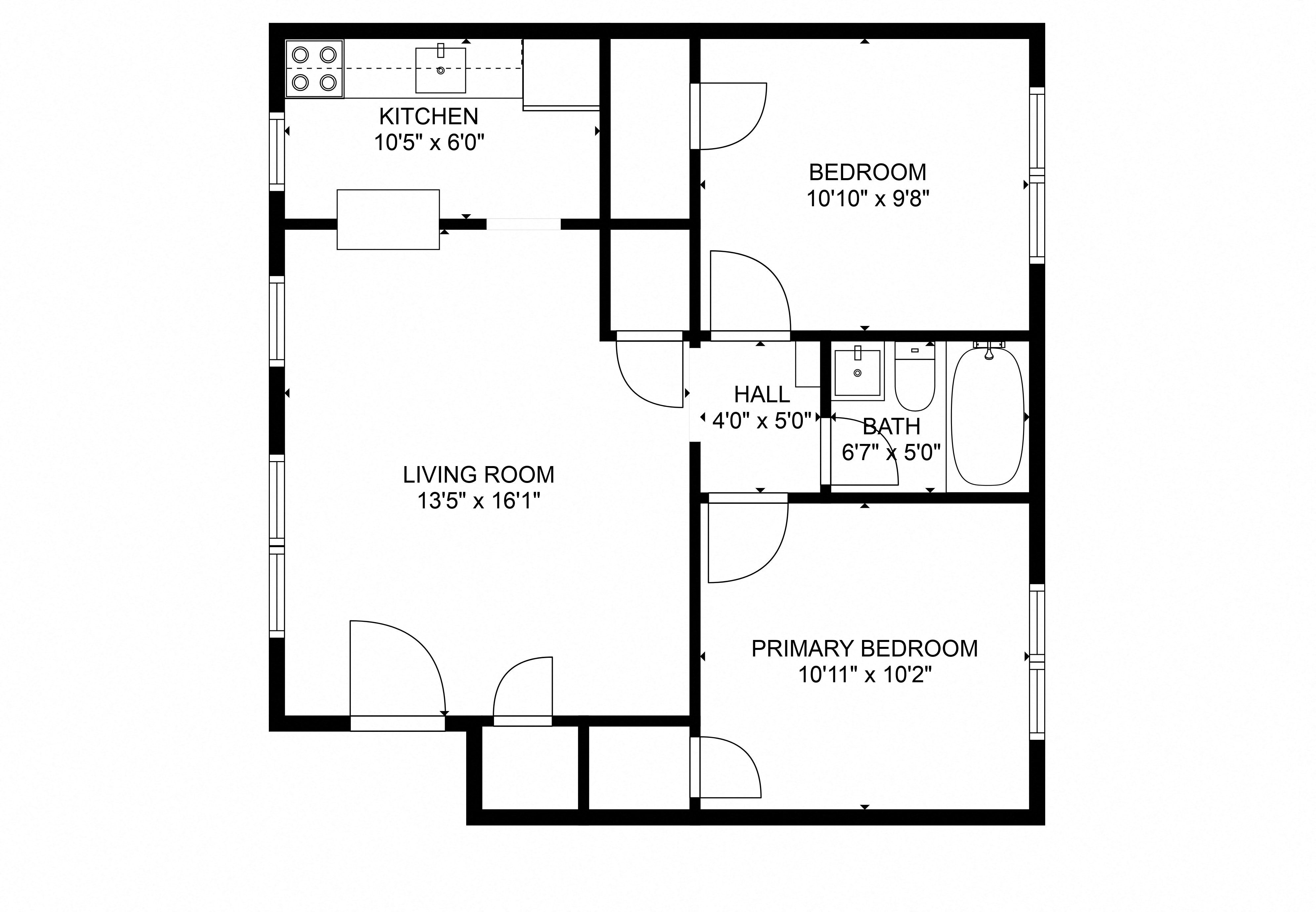 Floor plan for 2 beds, 1 bath, 685 sqft
