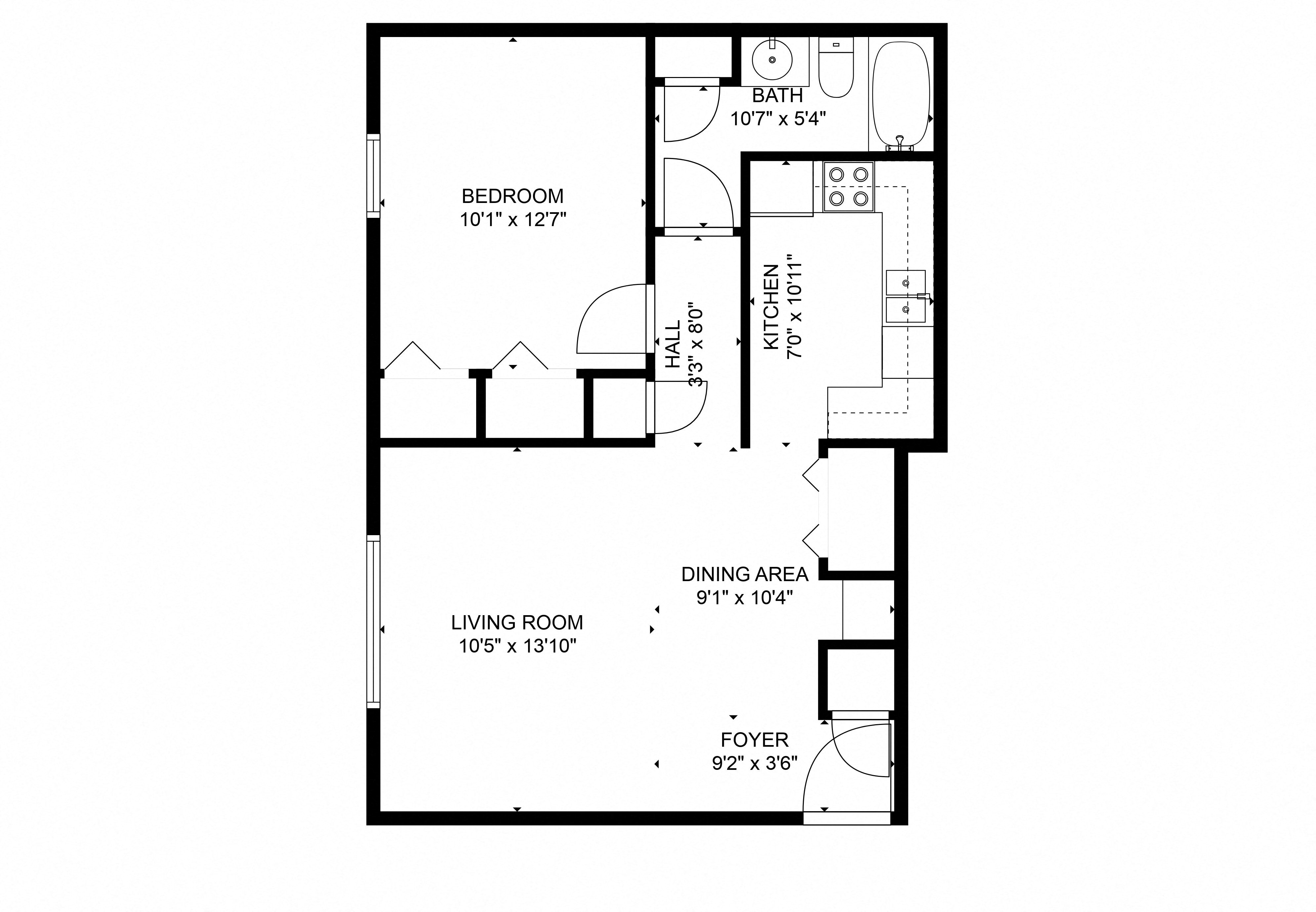 Floor plan for 1 bed, 1 bath, 700 sqft