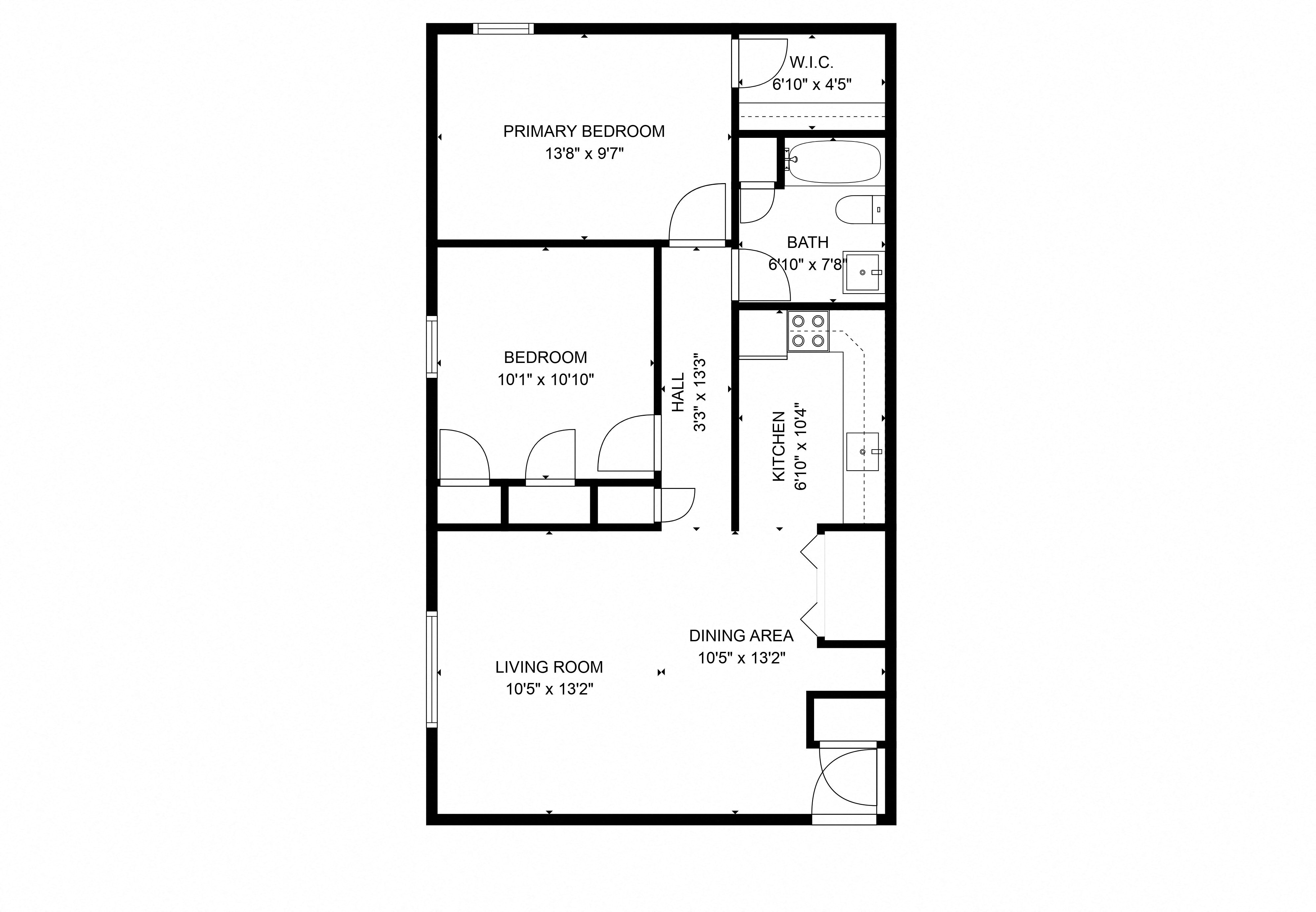 Floor plan for 2 beds, 1 bath, 975 sqft