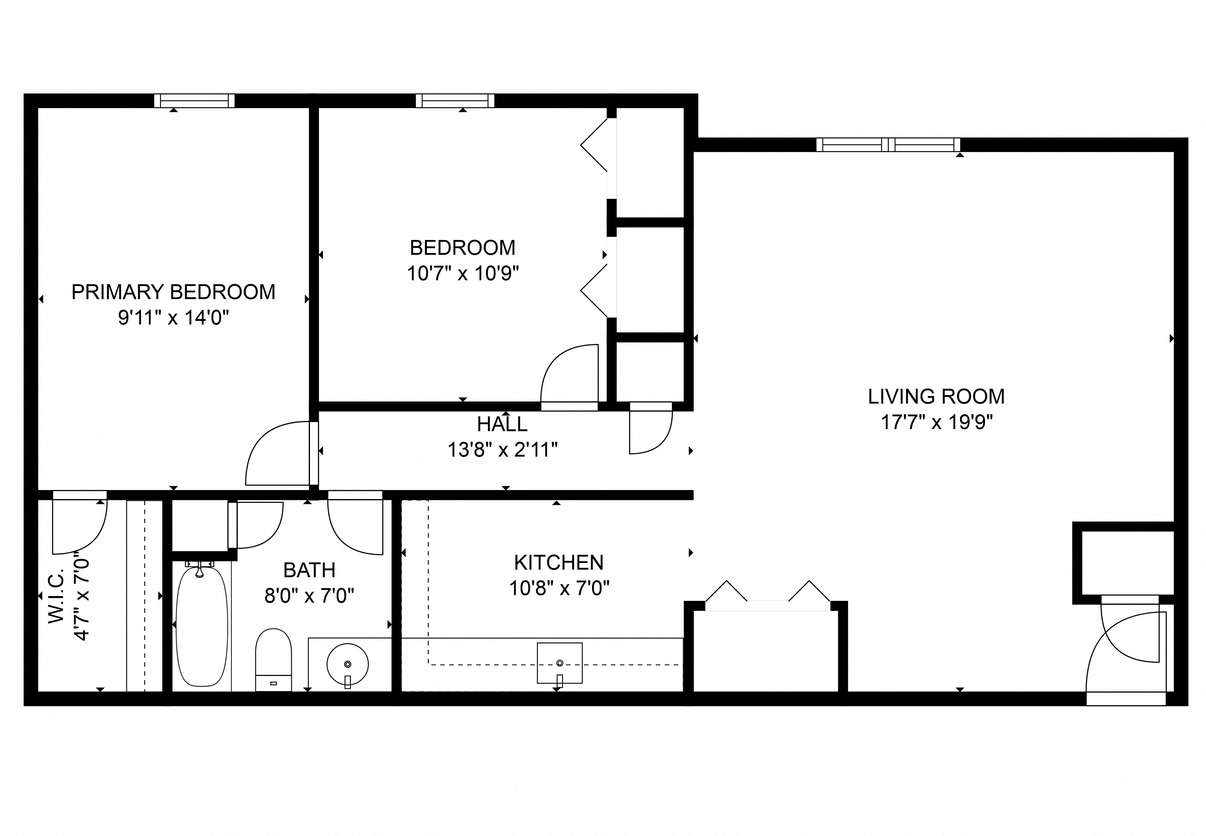 Floor plan for 2 beds, 1 bath, 885 sqft
