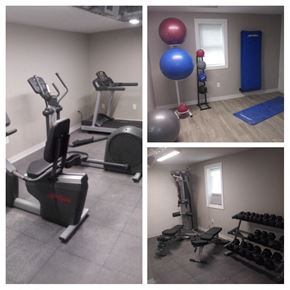 Indianapolis apartment for rent - three different pictures of a gym with various machines and weights