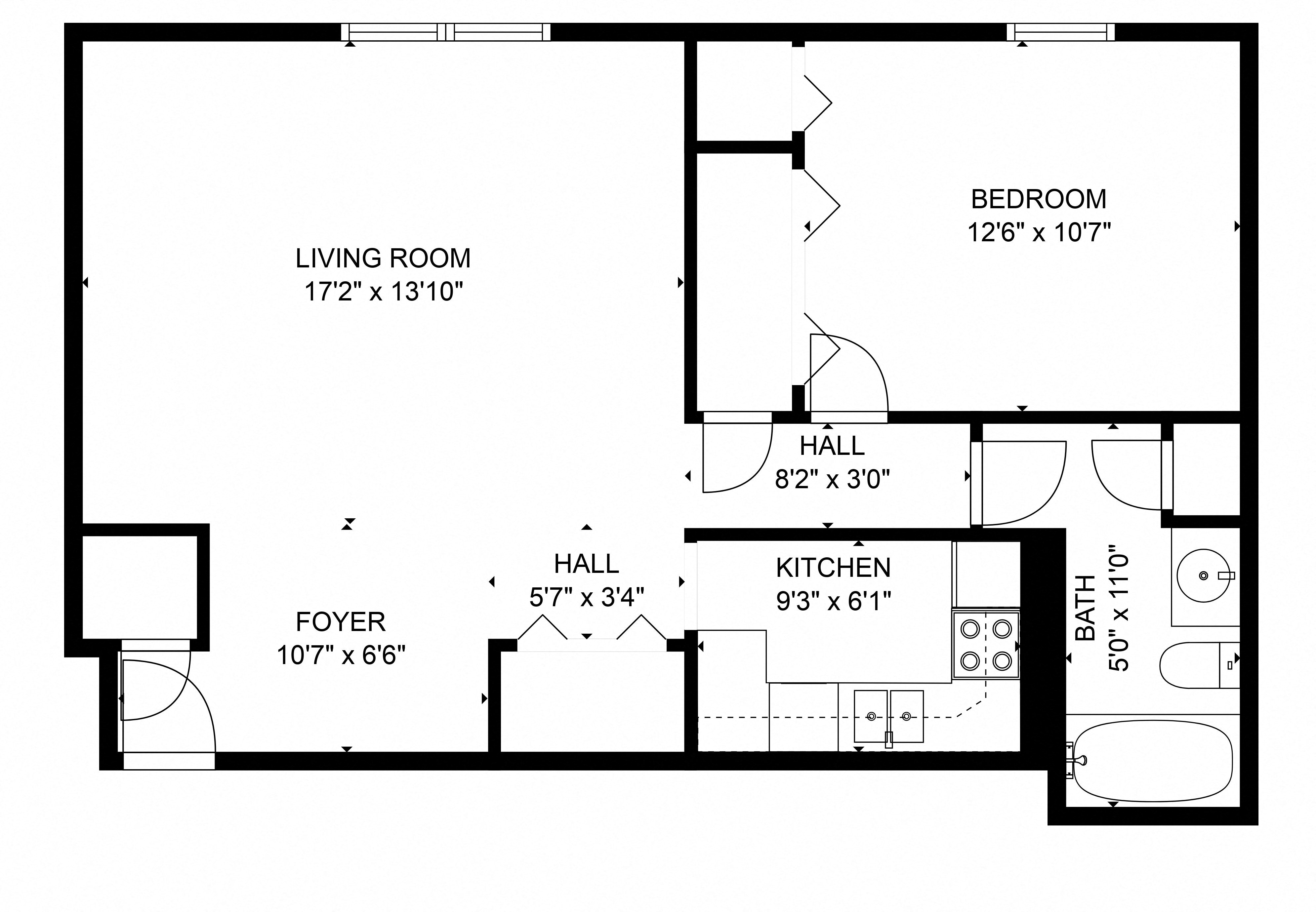 Floor plan for 1 bed, 1 bath, 790 sqft
