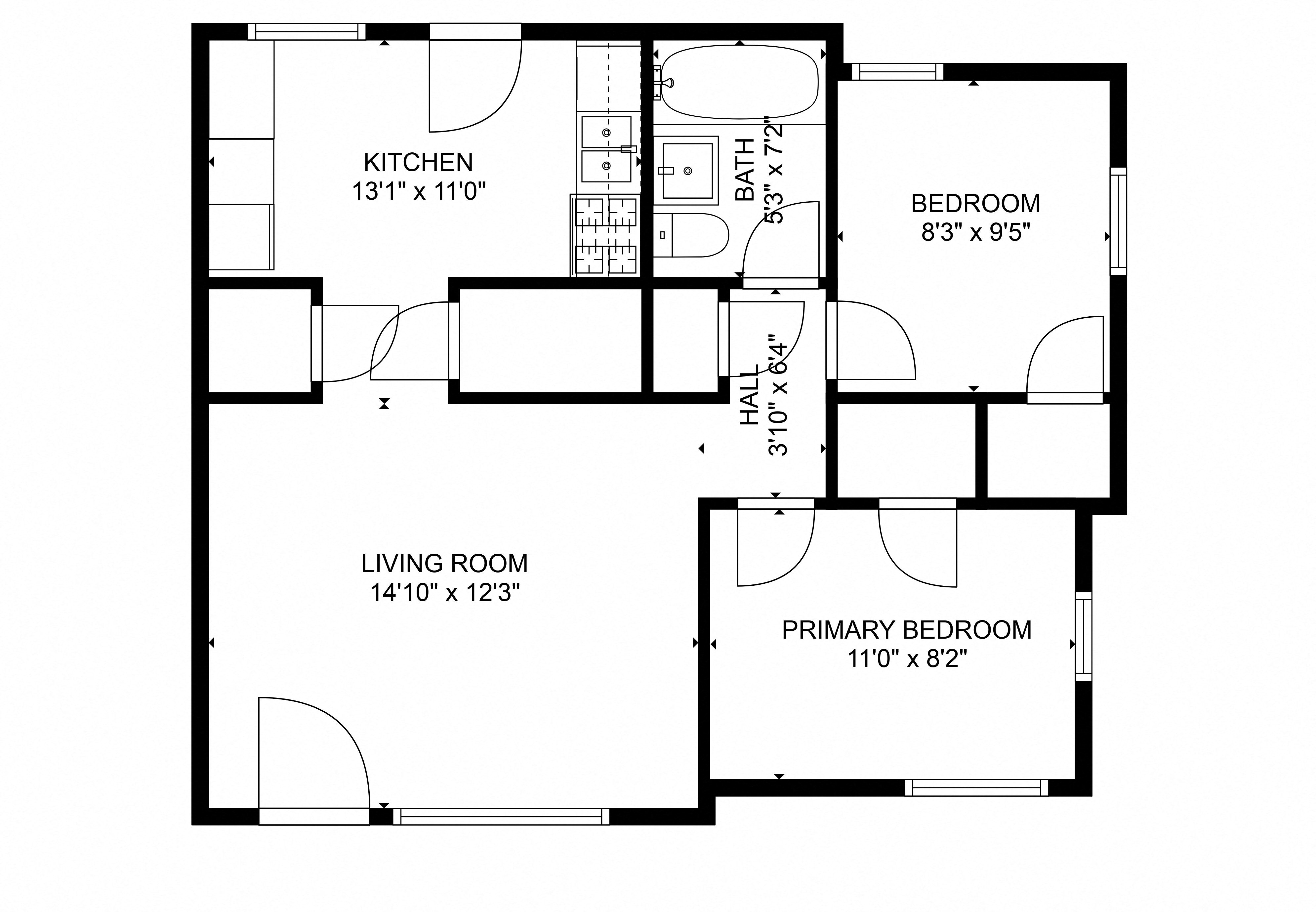Floor plan for 2 beds, 1 bath, 1340 sqft
