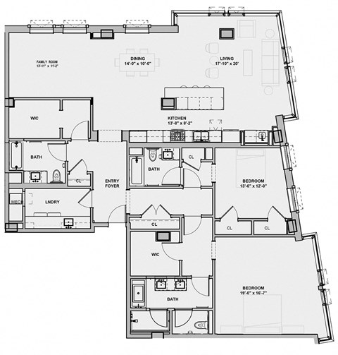 Floor plan for 2 beds, 3 baths, 2339 sqft