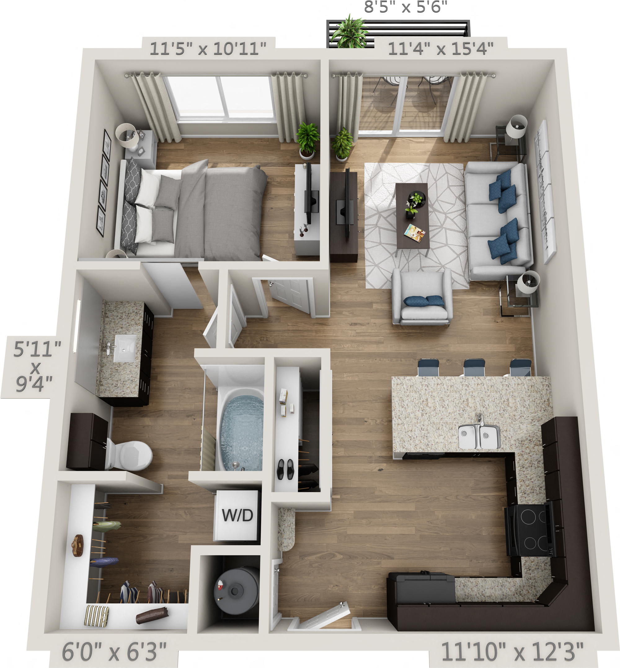 Floor plan for 1 bed, 1 bath, 690 sqft