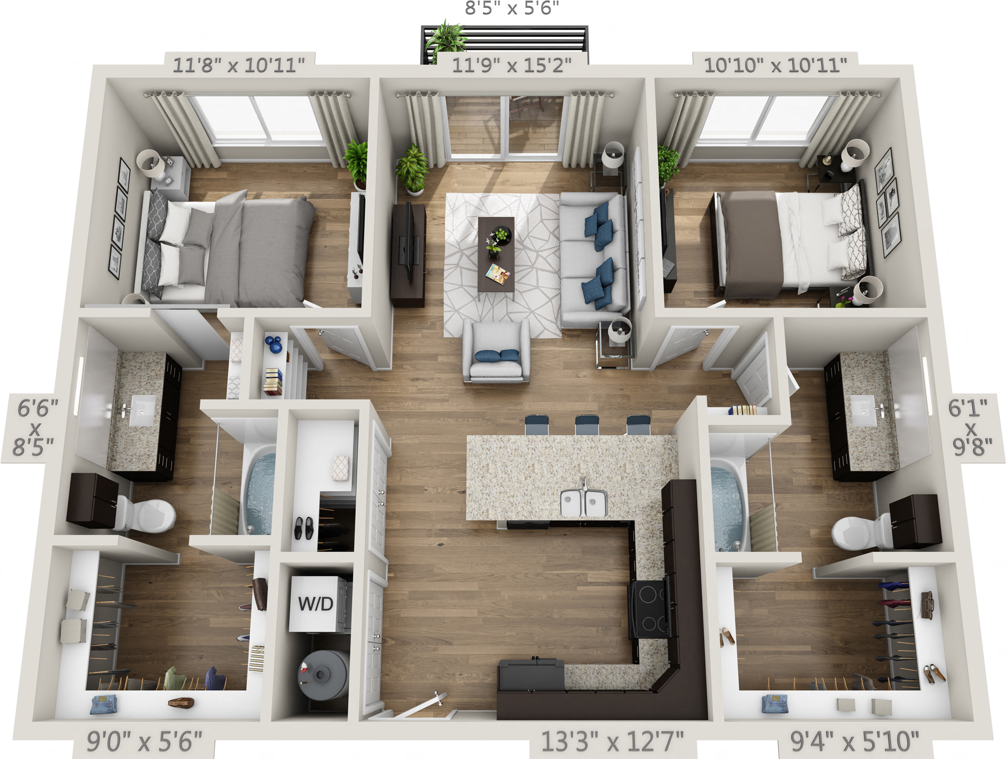 Floor plan for 2 beds, 2 baths, 1031 sqft
