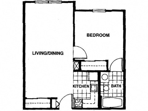 Floor plan for 1 bed, 1 bath, 608 sqft