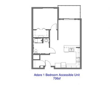 Boise apartment for rent - A floor plan of the Adare 1 Bedroom Accessible Unit 706sf.
