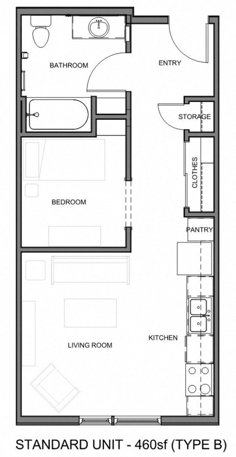 Floor plan for 1 bed, 1 bath, 460 sqft