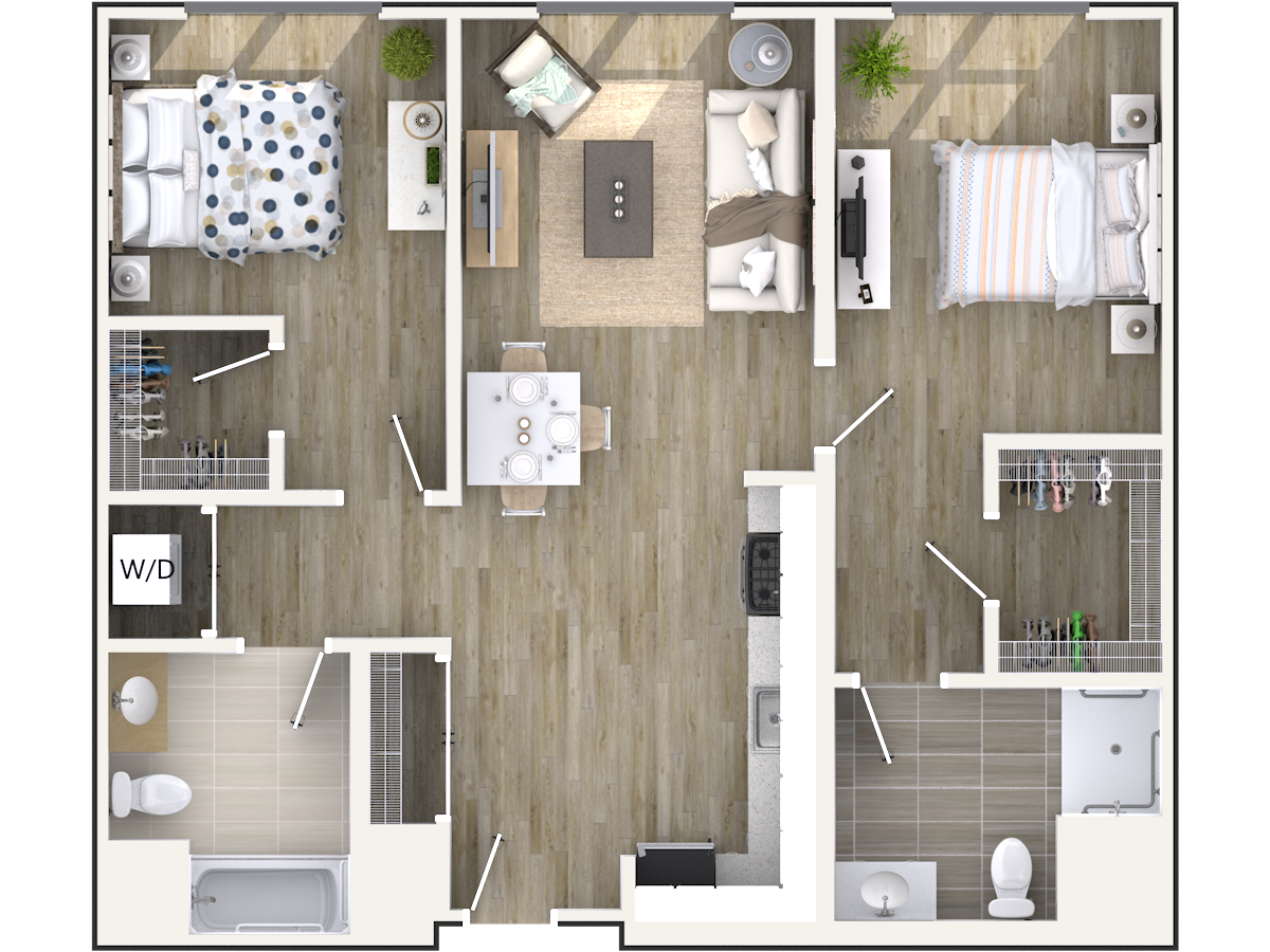 Floor plan for 2 beds, 2 baths, 926 sqft
