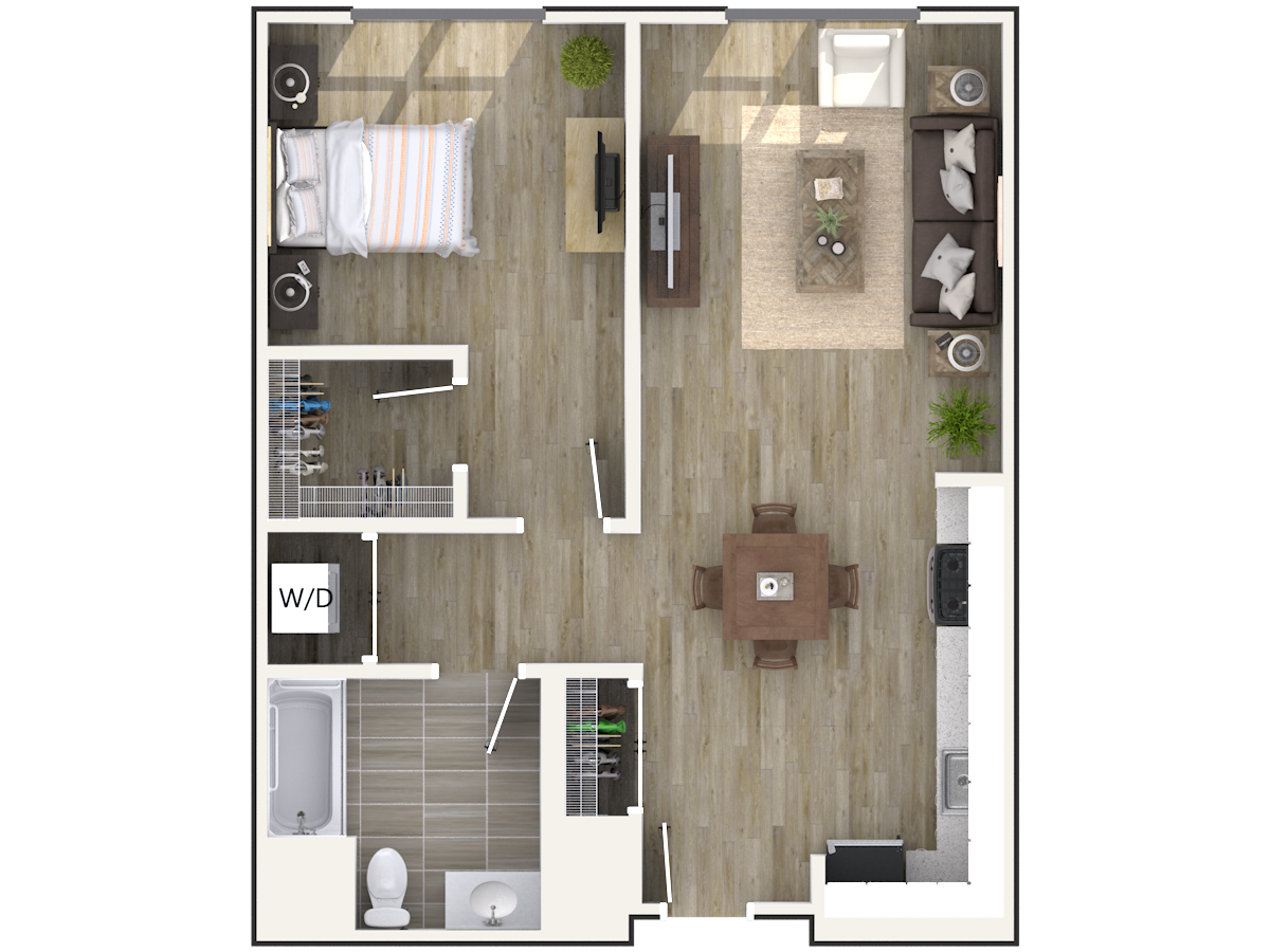 Floor plan for 1 bed, 1 bath, 669 sqft