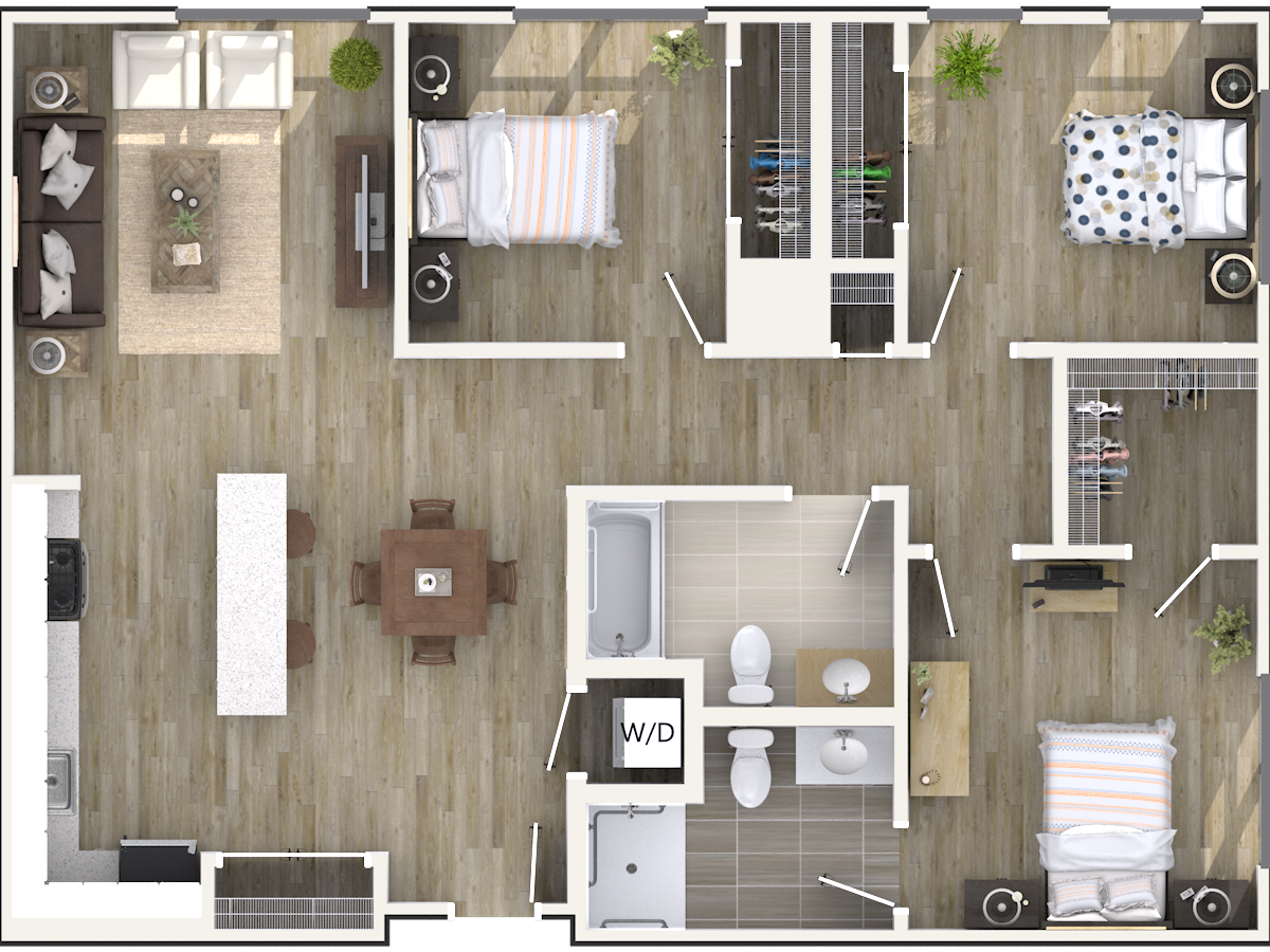 Floor plan for 3 beds, 2 baths, 1103 sqft