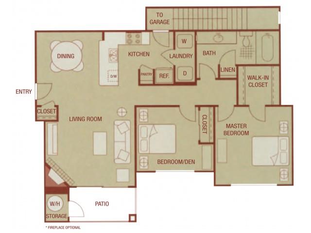 Floor plan for 2 beds, 1 bath, 970 sqft