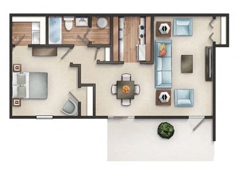 Floor plan for 1 bed, 1 bath, 750 sqft