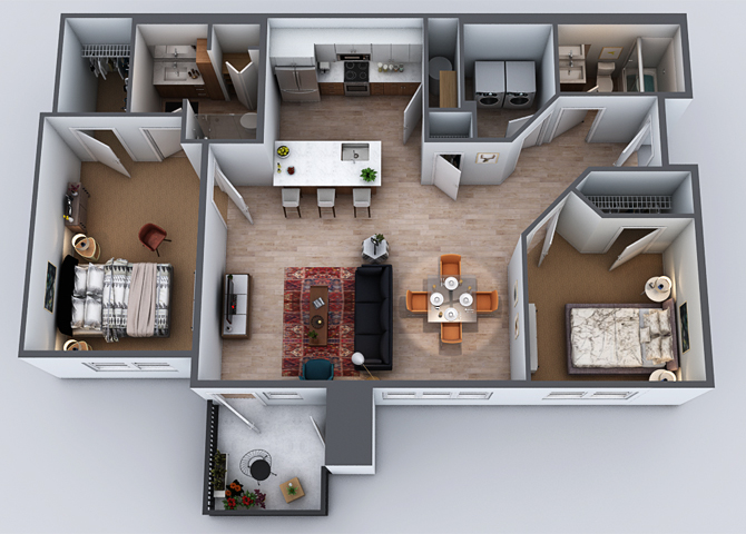 Floor plan for 2 beds, 2 baths, 1144 sqft