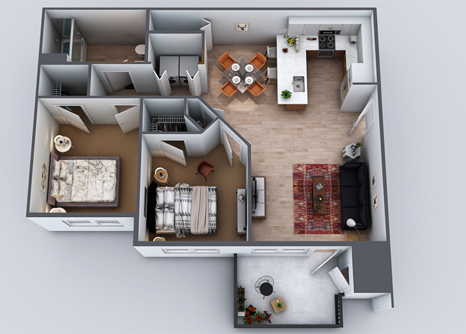 Floor plan for 2 beds, 1 bath, 923 sqft