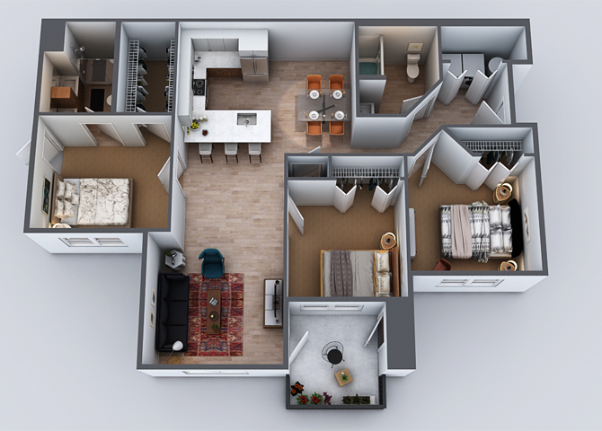 Floor plan for 3 beds, 2 baths, 1241 sqft