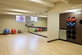 Denver apartment for rent - a gym with a yoga room and balls on the wall
